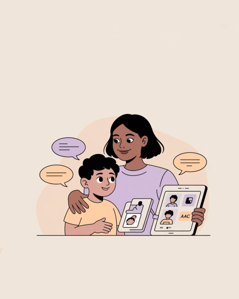 A calm, friendly scene showing a caregiver or educator communicating with a child or young adult with autism