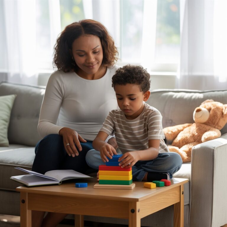 woman and child sitting on a couch building with wooden blocks